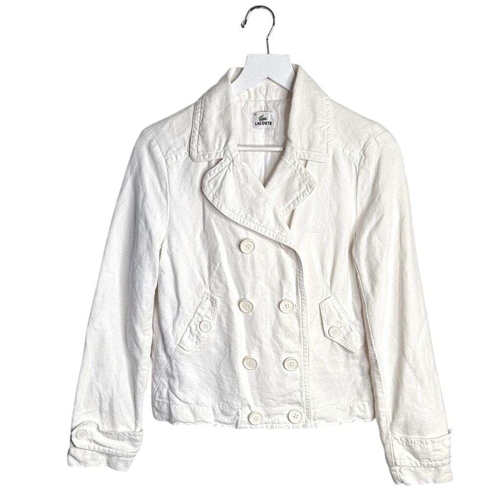 LACOSTE White Twill Denim Jacket Double Breasted Cotton/Linen W1833 Sz 40 Med